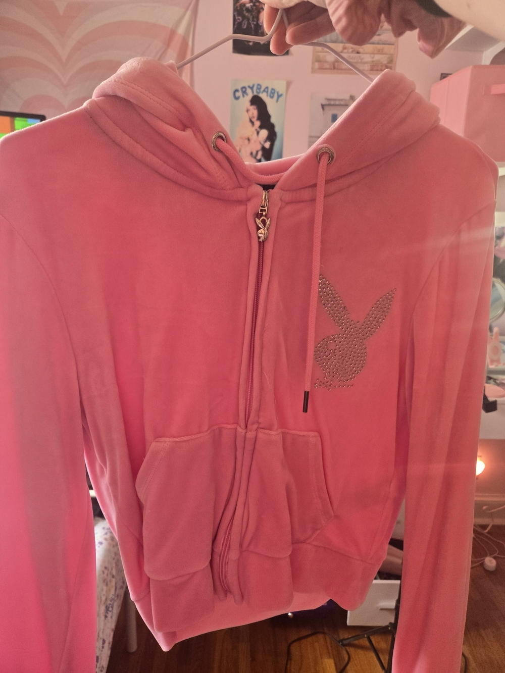 PLAYBOY Pink Velvet Zip Hoodie and pants with Rhinestone Bunny